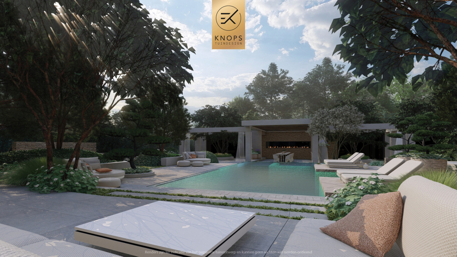 resort garden design, moderne tuin met zwembad, poolhouse, buitenverblijf, luxe tuinontwerp, exclusieve tuin met zwembad, mediterrane tuinontwerp