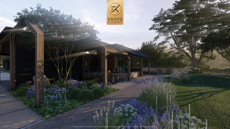 moderne villatuin natuurlijke tuin tuin met zwembad luxe overkapping buitenhaard buitenbar natuurlijke beplanting exclusief tuinontwerp