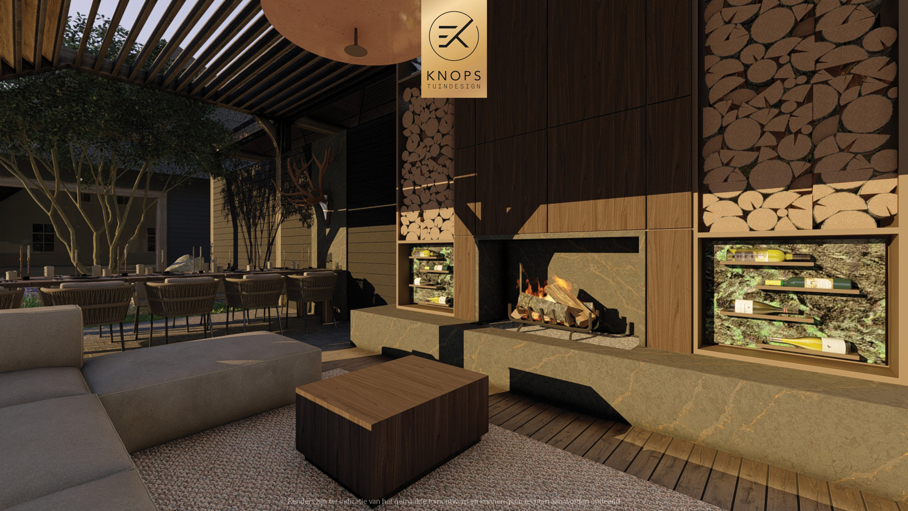 moderne villatuin natuurlijke tuin tuin met zwembad luxe overkapping buitenhaard buitenbar natuurlijke beplanting exclusief tuinontwerp