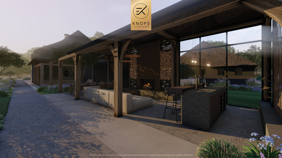 moderne villatuin natuurlijke tuin tuin met zwembad luxe overkapping buitenhaard buitenbar natuurlijke beplanting exclusief tuinontwerp