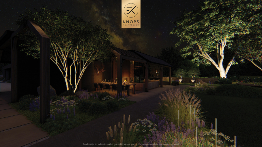 moderne villatuin natuurlijke tuin tuin met zwembad luxe overkapping buitenhaard buitenbar natuurlijke beplanting exclusief tuinontwerp