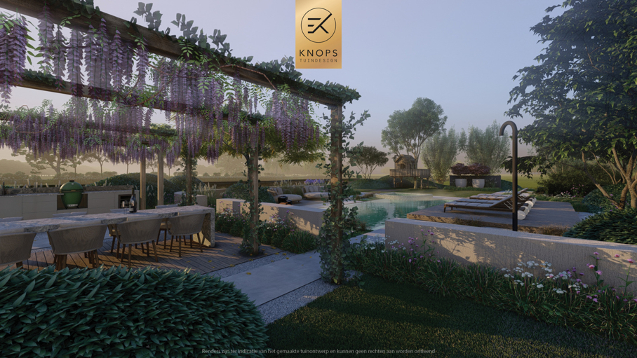moderne schuurwoning, landschappelijke tuin, bali tuin, resort tuin, zwembad, tropische tuin, vakantie sfeer, buitenkeuken, moderne strakke tuin, pergola, blauwe regen, wisteria, klimplant, daybeds, relax garden, modern garden, tropical garden