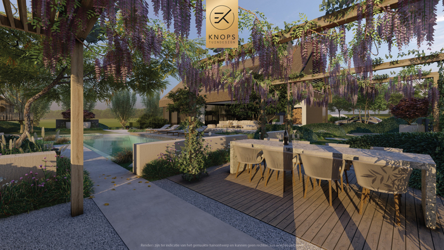 moderne schuurwoning, landschappelijke tuin, bali tuin, resort tuin, zwembad, tropische tuin, vakantie sfeer, buitenkeuken, moderne strakke tuin, pergola, blauwe regen, wisteria, klimplant, daybeds, relax garden, modern garden, tropical garden