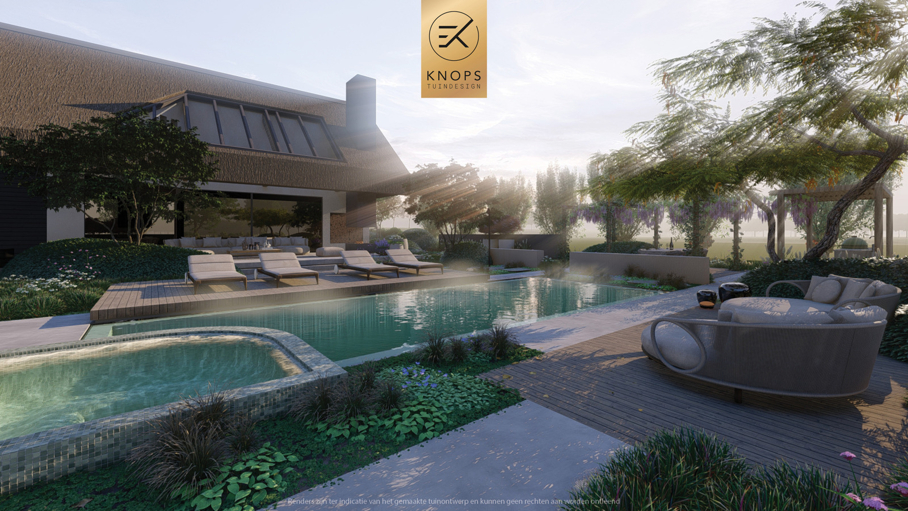 moderne schuurwoning, landschappelijke tuin, bali tuin, resort tuin, zwembad, tropische tuin, vakantie sfeer, buitenkeuken, moderne strakke tuin, pergola, blauwe regen, wisteria, klimplant, daybeds, relax garden, modern garden, tropical garden