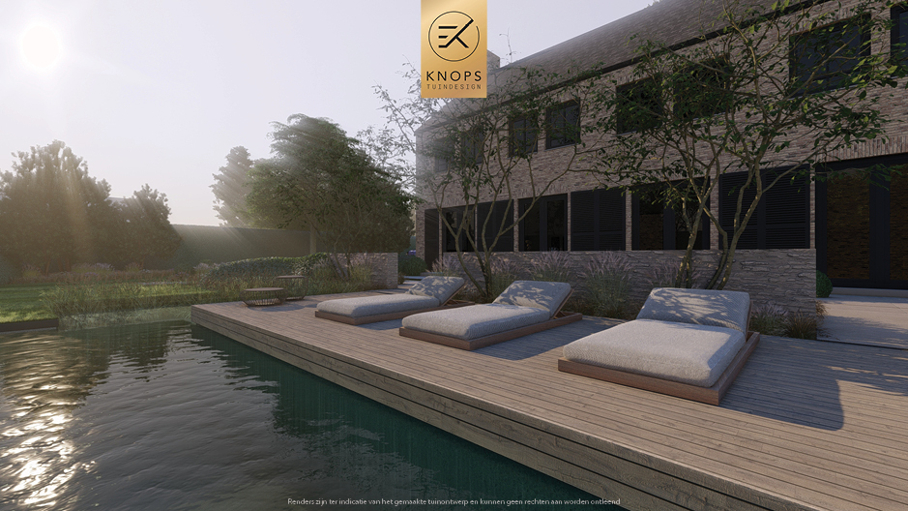 Unieke architectuur, tuin met zwemvijver, Uniek poolhouse, zitkuil met vuur, groene tuin, waterspiegel, moderne patio