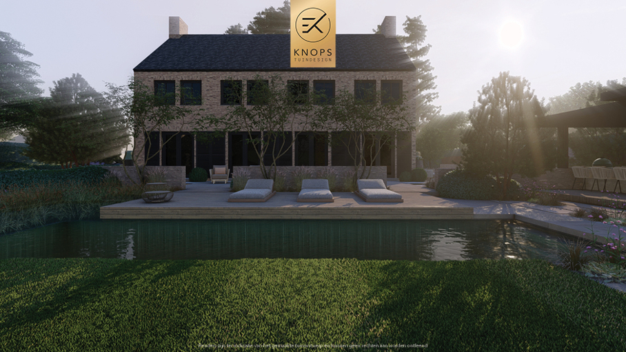 Unieke architectuur, tuin met zwemvijver, Uniek poolhouse, zitkuil met vuur, groene tuin, waterspiegel, moderne patio