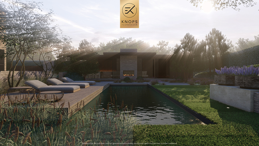 Unieke architectuur, tuin met zwemvijver, Uniek poolhouse, zitkuil met vuur, groene tuin, waterspiegel, moderne patio