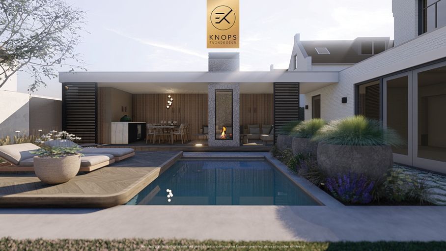 Unieke architectuur, tuin met zwembad, zitkuil met vuur, poolhouse met haard, groene tuin