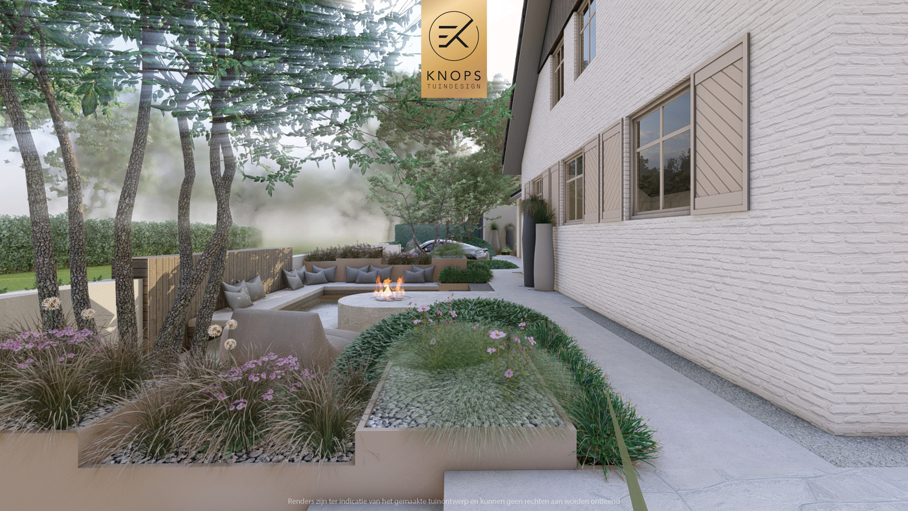Unieke architectuur met ronde vormen, zitkuil met vuur, organische tuin, overkapping met jacuzzi, zachte en warme materialen, groene tuin