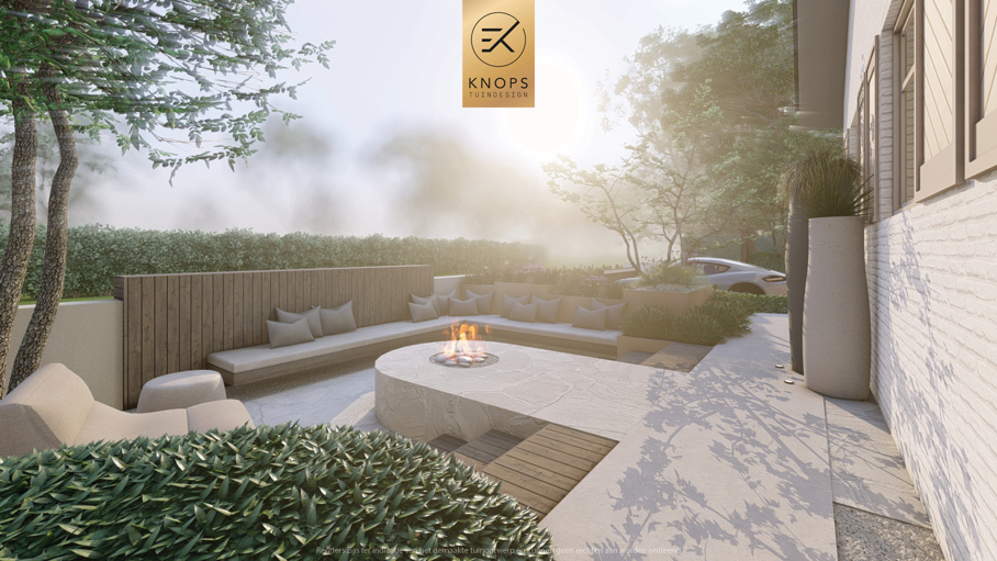 Unieke architectuur met ronde vormen, zitkuil met vuur, organische tuin, overkapping met jacuzzi, zachte en warme materialen, groene tuin
