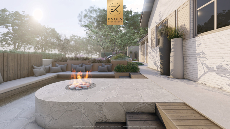 Unieke architectuur met ronde vormen, zitkuil met vuur, organische tuin, overkapping met jacuzzi, zachte en warme materialen, groene tuin