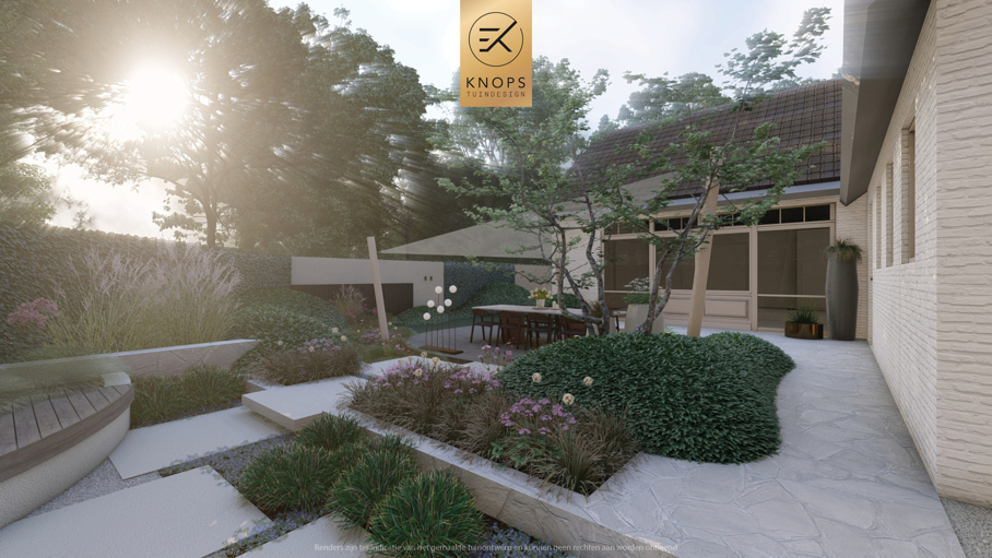Unieke architectuur met ronde vormen, zitkuil met vuur, organische tuin, overkapping met jacuzzi, zachte en warme materialen, groene tuin
