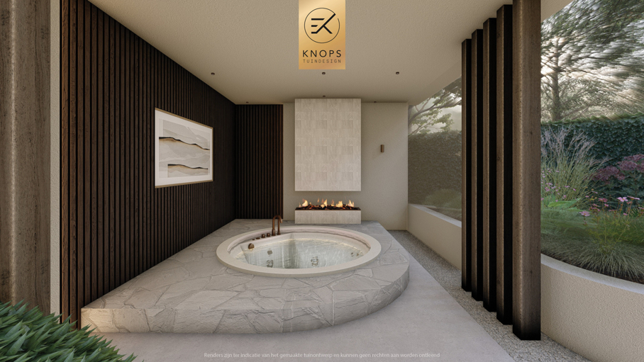 Unieke architectuur met ronde vormen, zitkuil met vuur, organische tuin, overkapping met jacuzzi, zachte en warme materialen, groene tuin