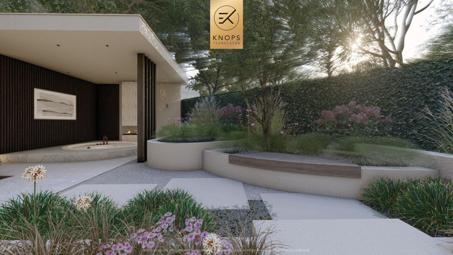 Unieke architectuur met ronde vormen, zitkuil met vuur, organische tuin, overkapping met jacuzzi, zachte en warme materialen, groene tuin