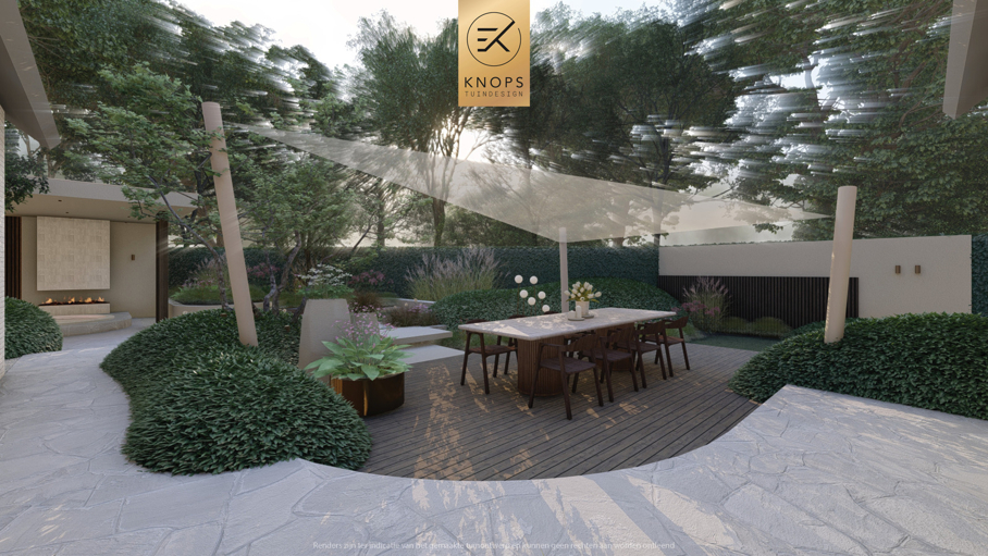 Unieke architectuur met ronde vormen, zitkuil met vuur, organische tuin, overkapping met jacuzzi, zachte en warme materialen, groene tuin