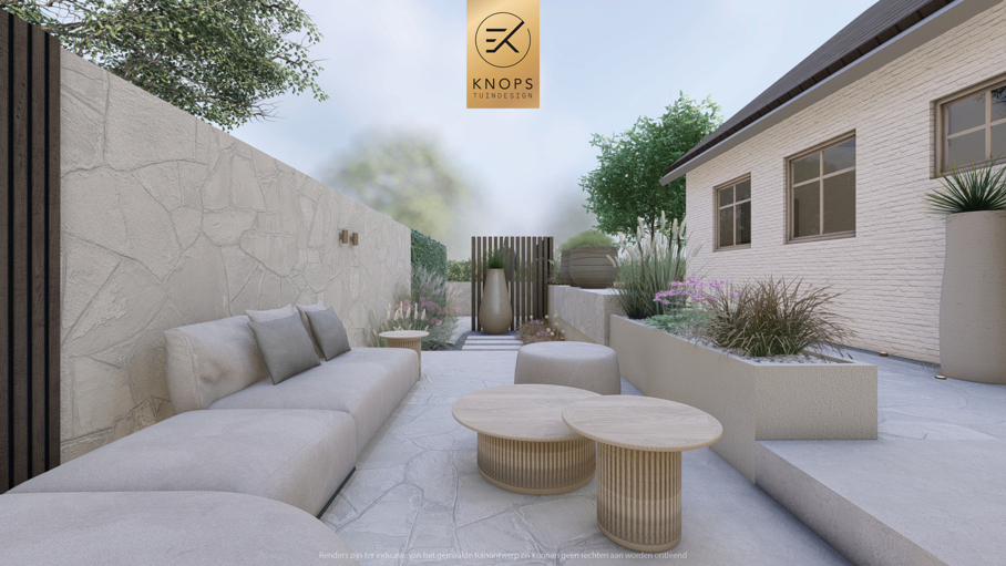 Unieke architectuur met ronde vormen, zitkuil met vuur, organische tuin, overkapping met jacuzzi, zachte en warme materialen, groene tuin