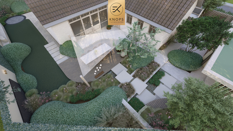 Unieke architectuur met ronde vormen, zitkuil met vuur, organische tuin, overkapping met jacuzzi, zachte en warme materialen, groene tuin