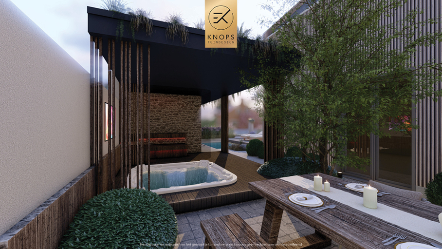 Unieke architectuur met ronde vormen, tuin met zwembad, zitkuil met vuur, oprit, groene tuin, poolhouse met wellness