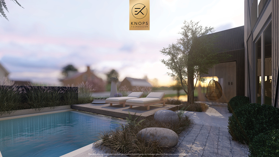 Unieke architectuur met ronde vormen, tuin met zwembad, zitkuil met vuur, oprit, groene tuin, poolhouse met wellness