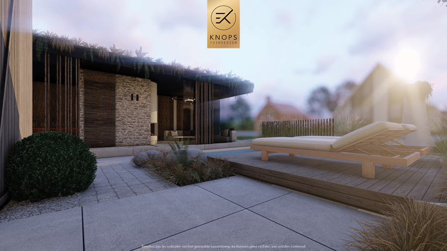 Unieke architectuur met ronde vormen, tuin met zwembad, zitkuil met vuur, oprit, groene tuin, poolhouse met wellness