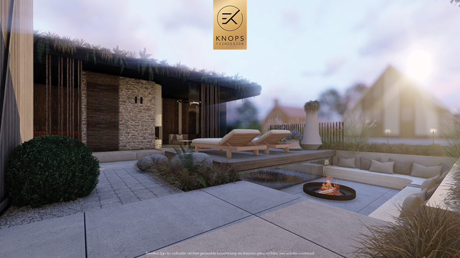 Unieke architectuur met ronde vormen, tuin met zwembad, zitkuil met vuur, oprit, groene tuin, poolhouse met wellness