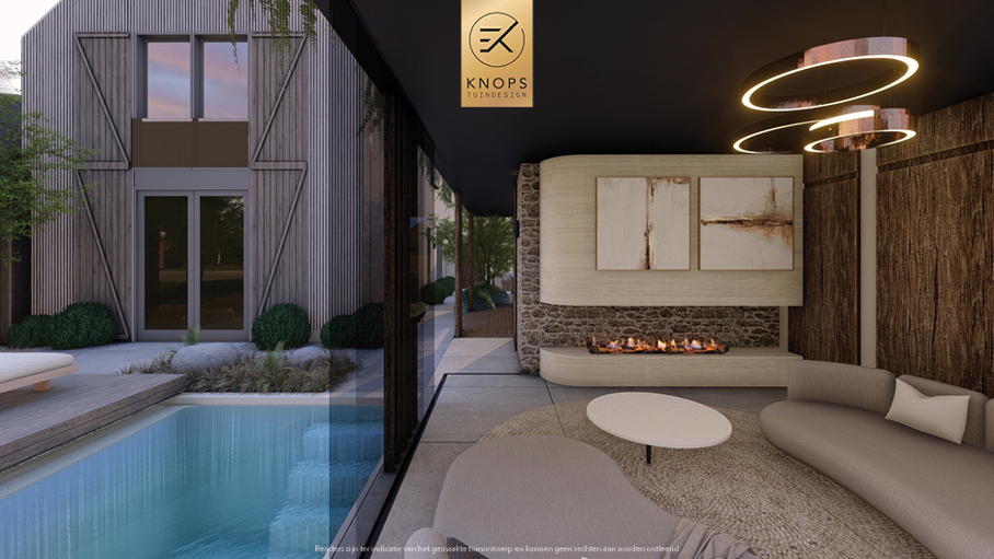 Unieke architectuur met ronde vormen, tuin met zwembad, zitkuil met vuur, oprit, groene tuin, poolhouse met wellness
