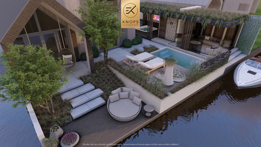 Unieke architectuur met ronde vormen, tuin met zwembad, zitkuil met vuur, oprit, groene tuin, poolhouse met wellness