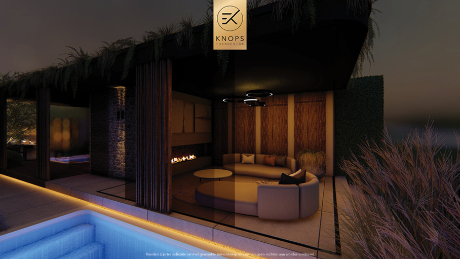 Unieke architectuur met ronde vormen, tuin met zwembad, zitkuil met vuur, oprit, groene tuin, poolhouse met wellness