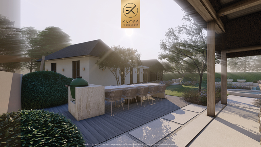 Unieke architectuur, ronde vormen, tuin met zwembad, zitkuil met vuur, oprit, groene tuin, bijgebouw met keuken, sauna, autolift