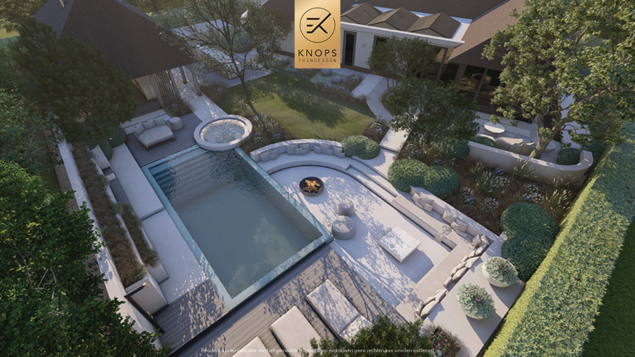 Unieke architectuur, ronde vormen, tuin met zwembad, zitkuil met vuur, oprit, groene tuin, bijgebouw met keuken, sauna, autolift