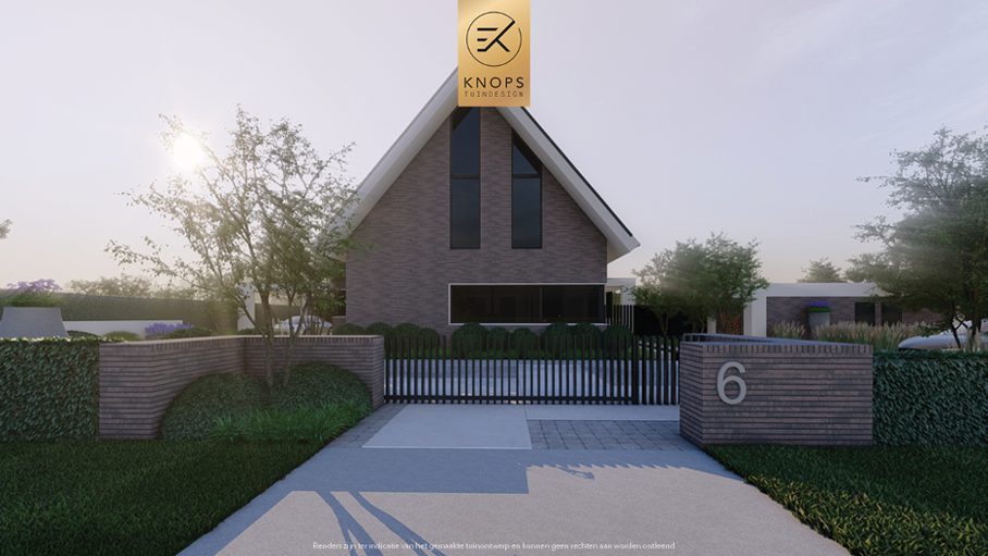 Unieke architectuur met ronde vormen, buitenkeuken, zitkuil, grote stapstenen, oprit, groene tuin