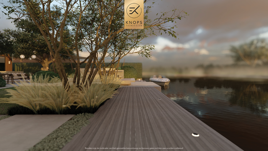 Unieke architectuur, tuin aan het water, vakantie tuin, groene tuin, oprit, vuur, moderne architectuur