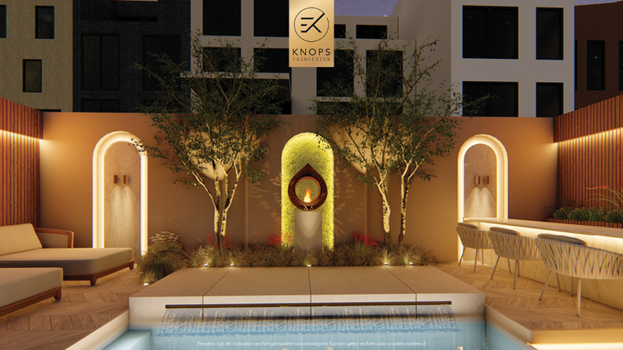 Unieke tuinarchitectuur met ronde vormen, plungepool, verlichting, meerstammige bomen, groene tuin, dakterras, jacuzzi, buitenkeuken met bar, vuurelement