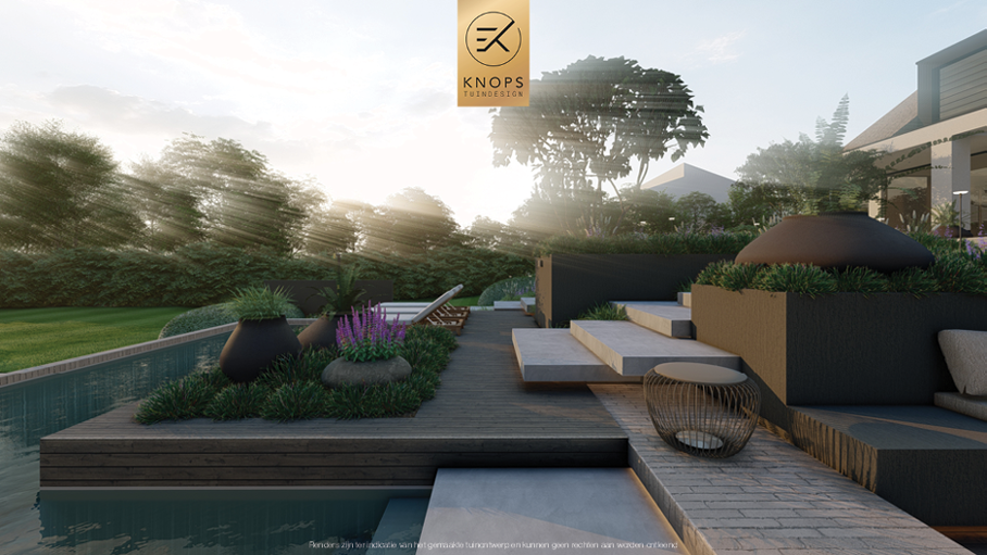 Unieke architectuur met hoogtes, tuin met hoogtes, tuin met zwembad, zitkuil met vuur, poolhouse met buitenkeuken, groene tuin, verlichting, jacuzzi
